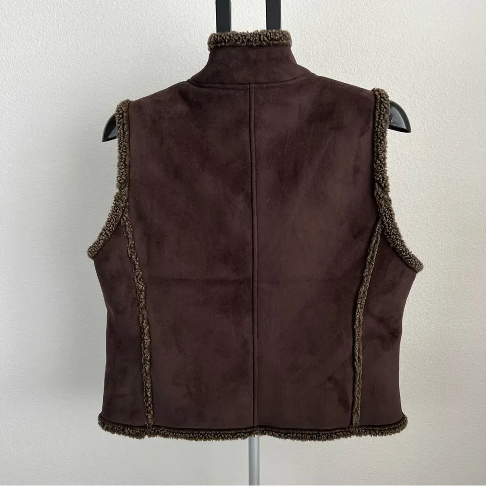 L.L.‎ Bean Faux Shearling Vest Women M Petite Brown Sherpa Western Ranch Jacket